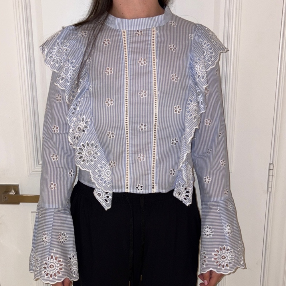 Chic Floral Lace Blue Blouse